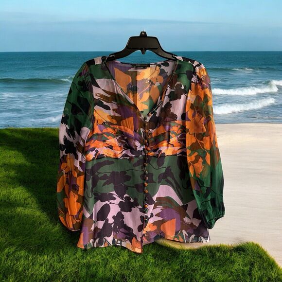 BCBGmaxazria Floral Print SILK Peasant Blouse Women’s Size L Large Chiffon - Picture 8 of 11